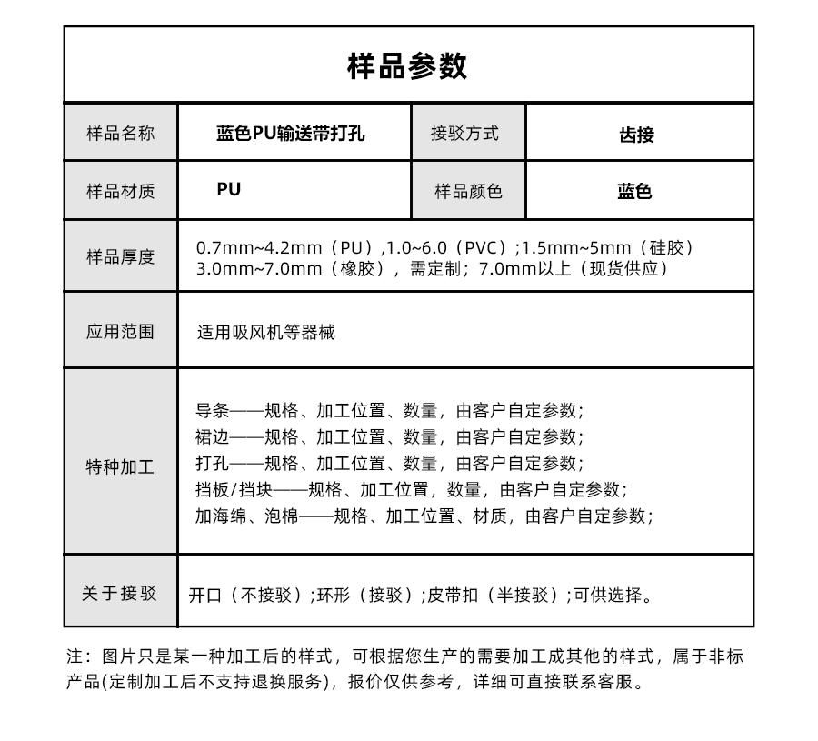 蓝色钻纹PU输送带打孔详情05