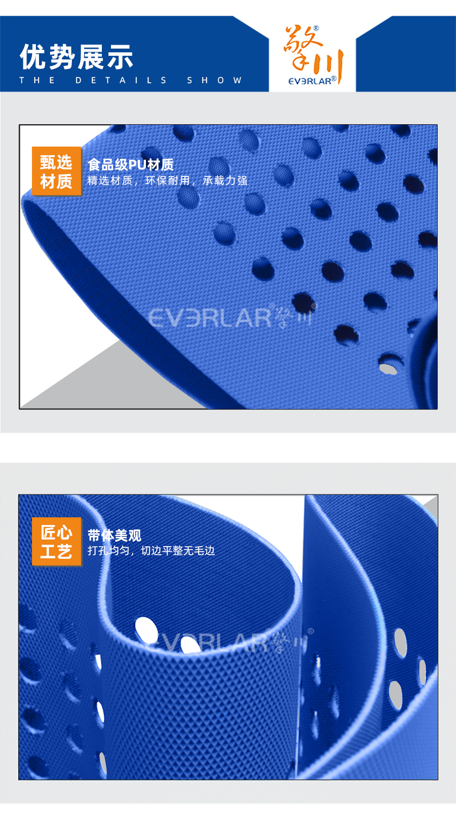 蓝色钻纹PU输送带打孔详情06