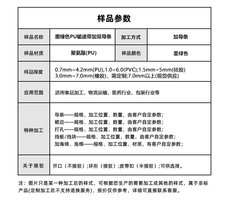 墨绿色PU输送带加双导条