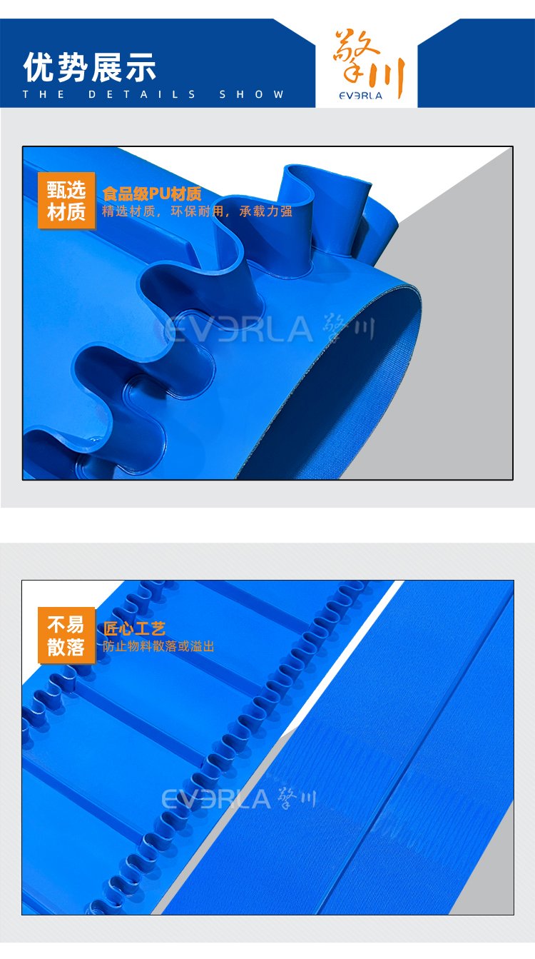 蓝色哑光PU输送带加挡板裙边导条