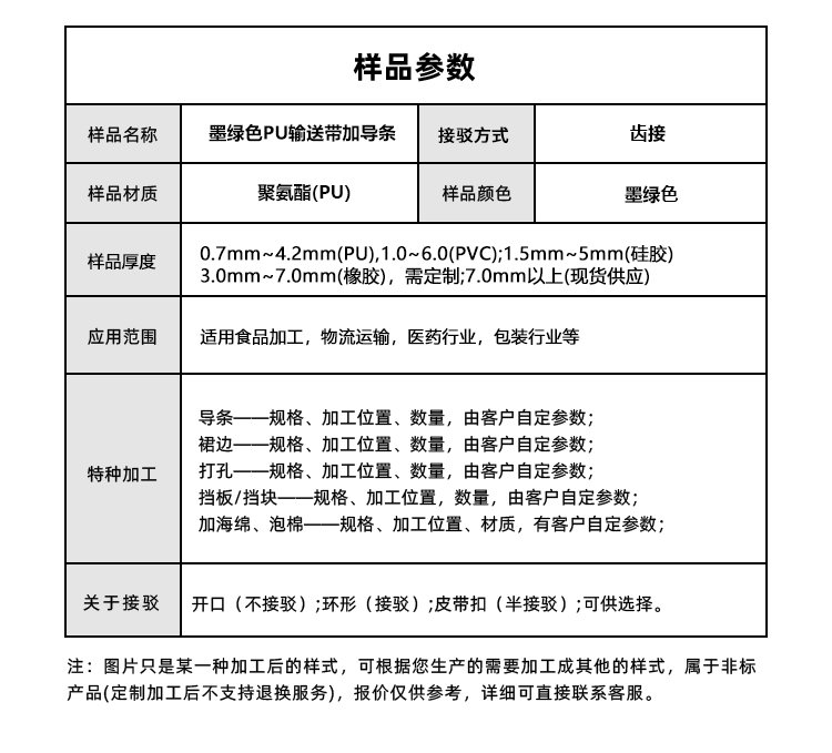 墨绿色PU输送带加导条